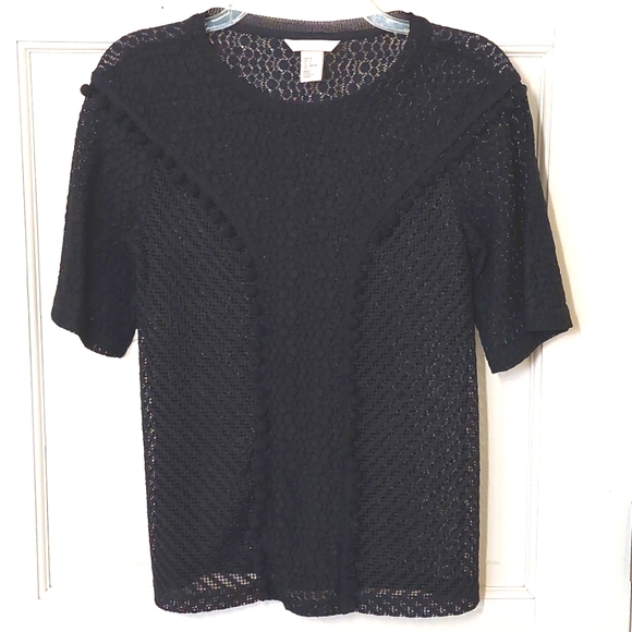 Black Knit Lace Top with Pompom Trim, Size 2 - Picture 2 of 6